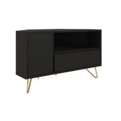 SalesFever Eck TV-Lowboard Aus MDF | Mit Tür, Klappfach Und Offenem Fach | Beine Metall Mit Messinglegierung | B 100 X T 50 X H 58 Cm | Blau -SalesFever 0a554b6e 8837 4f22 bf68 cbd1733b7167 3