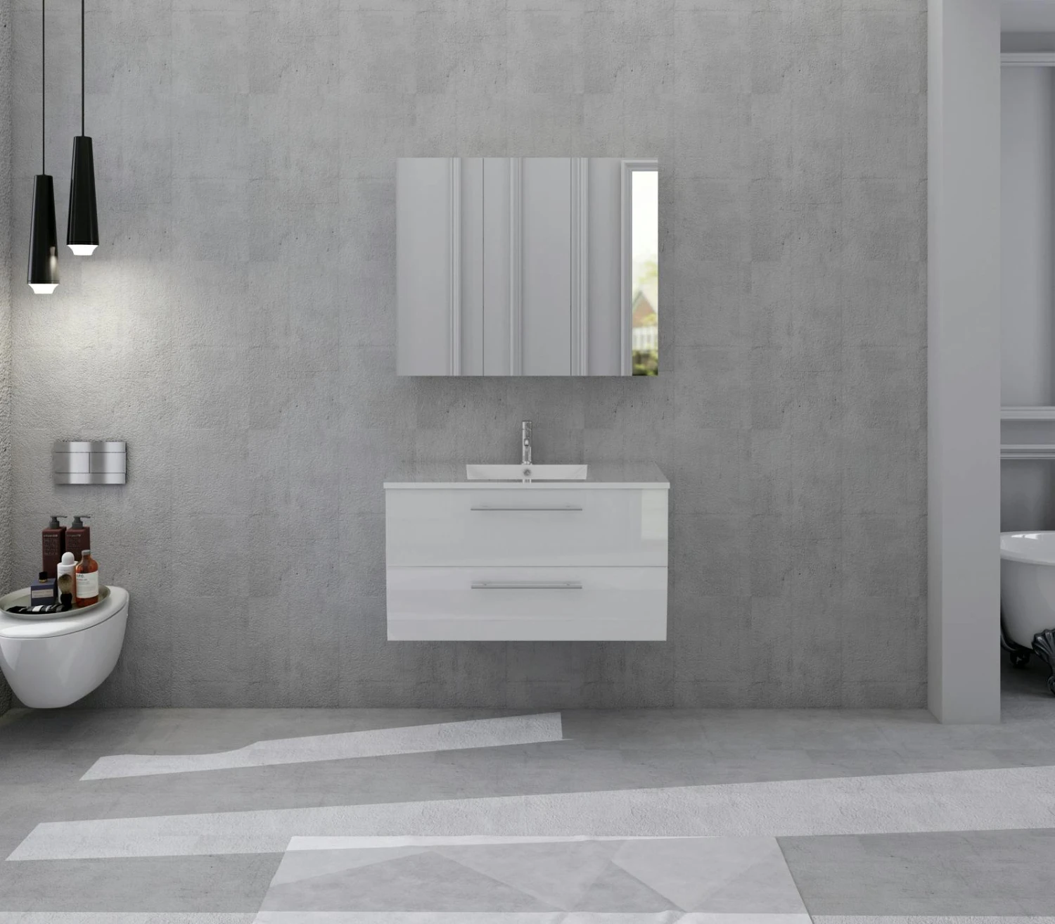 SalesFever Badezimmer Set 90 Cm | 4-tlg. Hochglanz | Inkl. Waschtisch Mit Mineralgussbecken | B 341 X T 46,5 X H 75 Cm | Weiß 4 SalesFever Badezimmer Set 90 Cm | 4-tlg. Hochglanz | Inkl. Waschtisch Mit Mineralgussbecken | B 341 X T 46,5 X H 75 Cm | Weiß – Bild 2