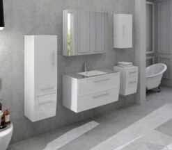 SalesFever Badezimmer Set 90 Cm | 5-tlg. In Hochglanz | Inkl. Waschtisch Mit Mineralgussbecken | B 376 X T 46,5 X H 118 Cm | Weiß