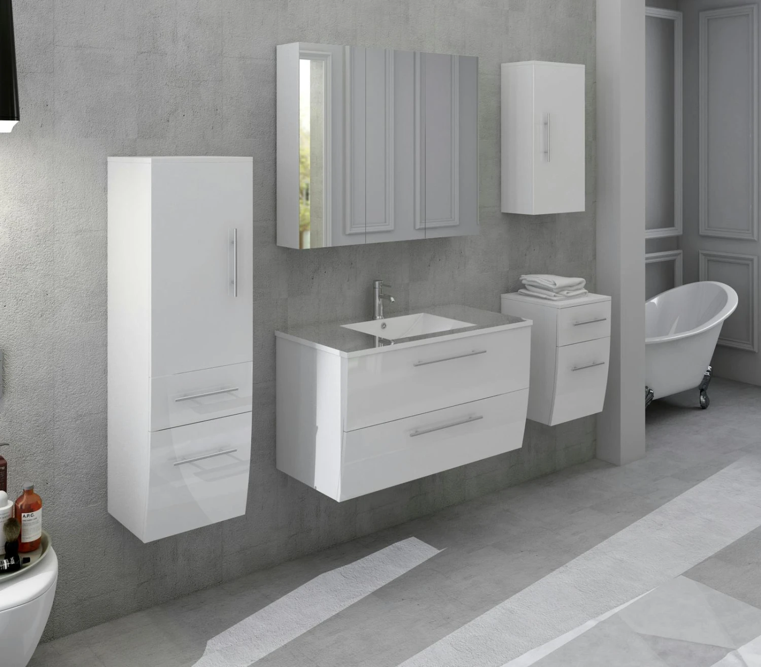 SalesFever Badezimmer Set 90 Cm | 3-tlg. Hochglanz | Inkl. Waschtisch Mit Mineralgussbecken | B 306 X T 46,5 X H 118 Cm | Weiß 4 SalesFever Badezimmer Set 90 Cm | 3-tlg. Hochglanz | Inkl. Waschtisch Mit Mineralgussbecken | B 306 X T 46,5 X H 118 Cm | Weiß – Bild 2