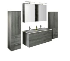 SalesFever Badezimmer Set 120 Cm | 4-tlg. In Hochglanz | Inkl. Doppelwaschtisch Mit Becken | B 430 X T 46 X H 130 Cm | Grau -SalesFever 23af086d 0223 4bfe 89a1 53d4133b2688 3