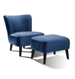 SalesFever Polstersessel Inkl. Sitzhocker | Stoffbezug In Samt | Beine Hevea Holz Schwarz | Vollpolsterung | B 138 X T 126 X H 80 Cm | Blau