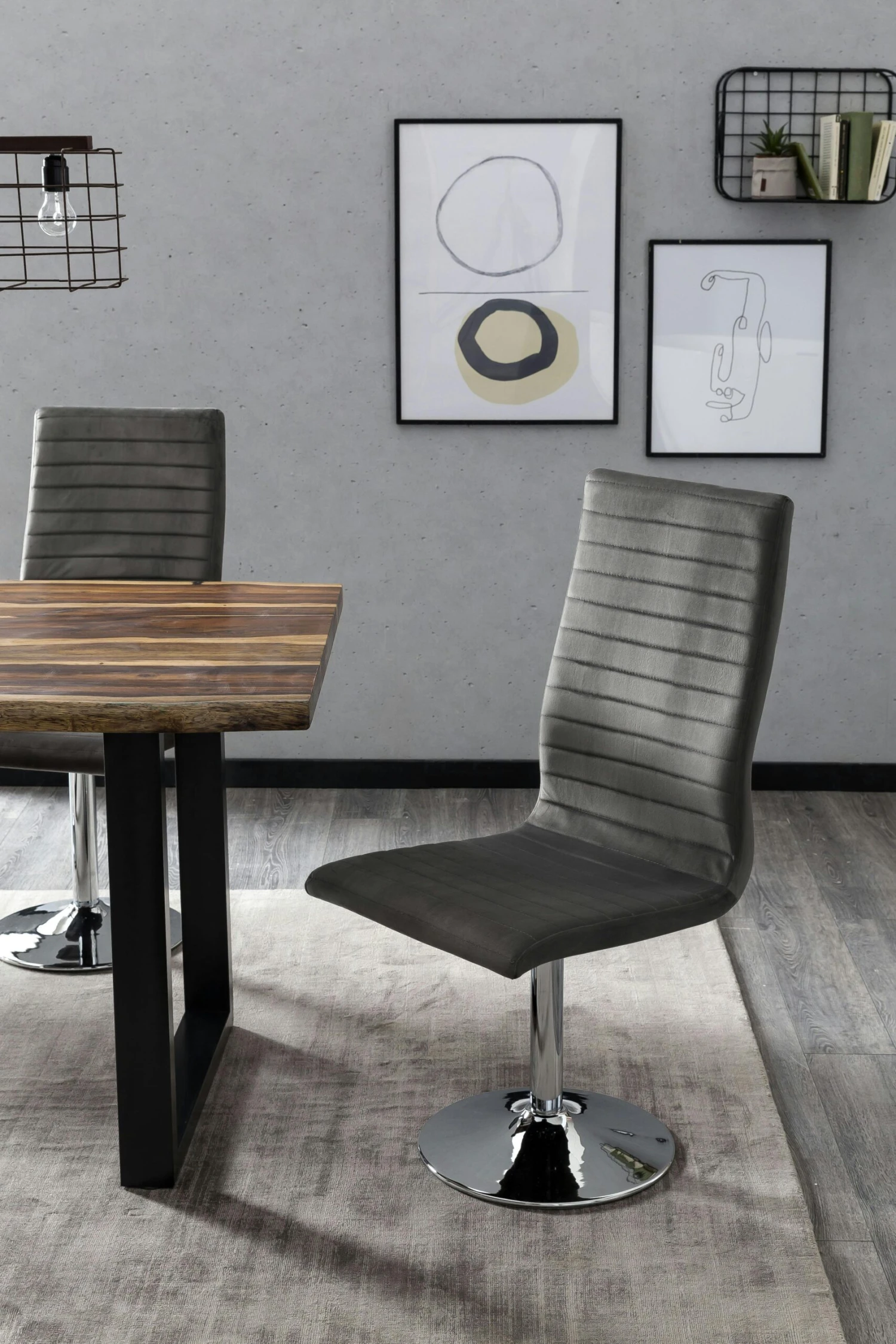 SalesFever Essgruppe 5-tlg. | 1x Tisch Rund 100 Cm Glasplatte + Beine Chrom | 4x Drehstuhl Samt-Optik Grau + Fuß Verchromtes Metall 6 SalesFever Essgruppe 5-tlg. | 1x Tisch Rund 100 Cm Glasplatte + Beine Chrom | 4x Drehstuhl Samt-Optik Grau + Fuß Verchromtes Metall – Bild 4