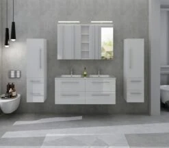 SalesFever Badezimmer Set 120 Cm | 4-tlg. In Hochglanz | Inkl. Doppelwaschtisch Mit Becken | B 430 X T 46 X H 130 Cm | Weiß -SalesFever 5459b873 95b8 49fb 8bcc cfc3f55644c9