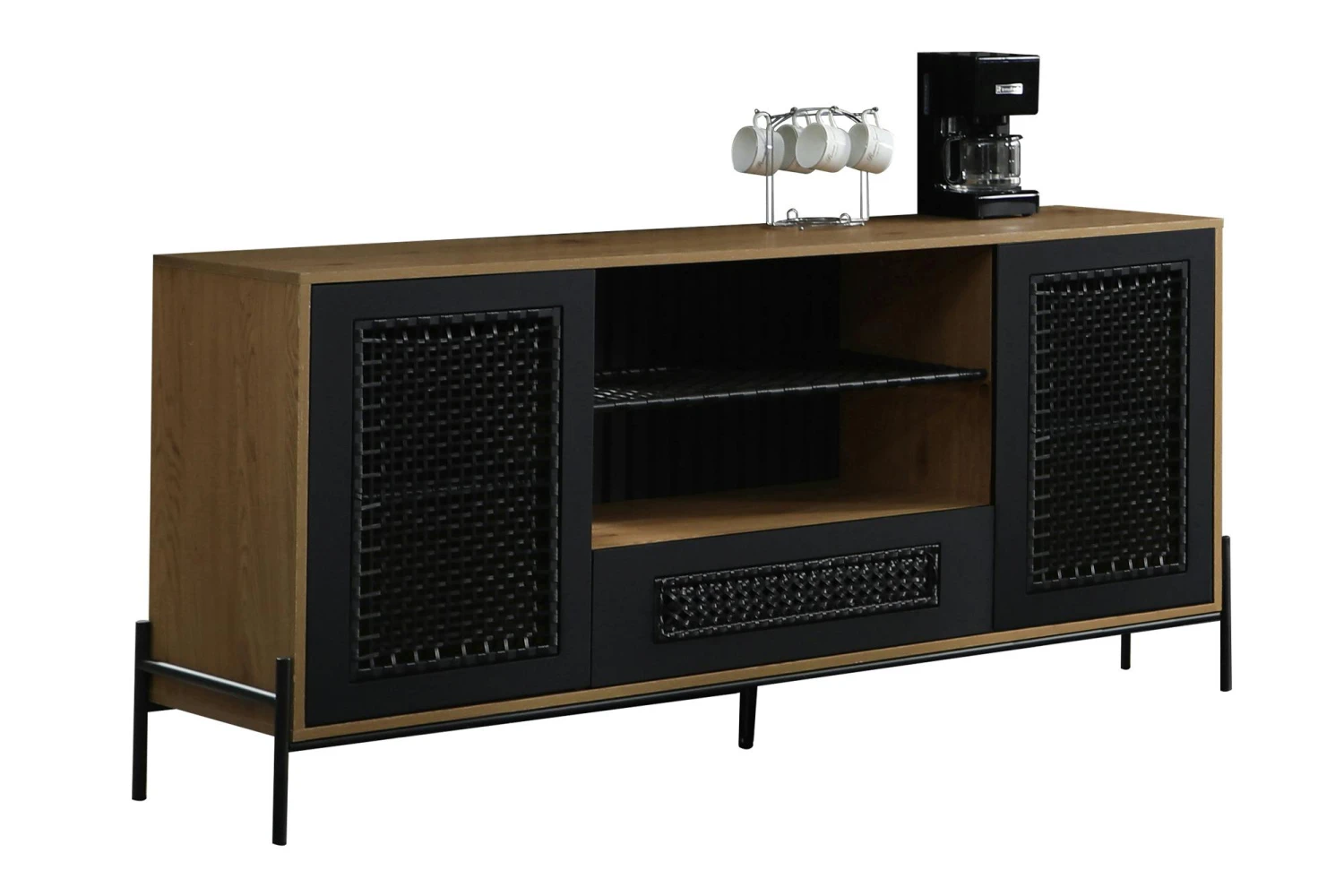 SalesFever Sideboard Mit Polyrattan | 2 Türen, 1 Schublade, 2 Offene Fächer | MDF Natur | Gestell Metall Schwarz | B 164 X T 43 X H 76 Cm 5 SalesFever Sideboard Mit Polyrattan | 2 Türen, 1 Schublade, 2 Offene Fächer | MDF Natur | Gestell Metall Schwarz | B 164 X T 43 X H 76 Cm – Bild 3