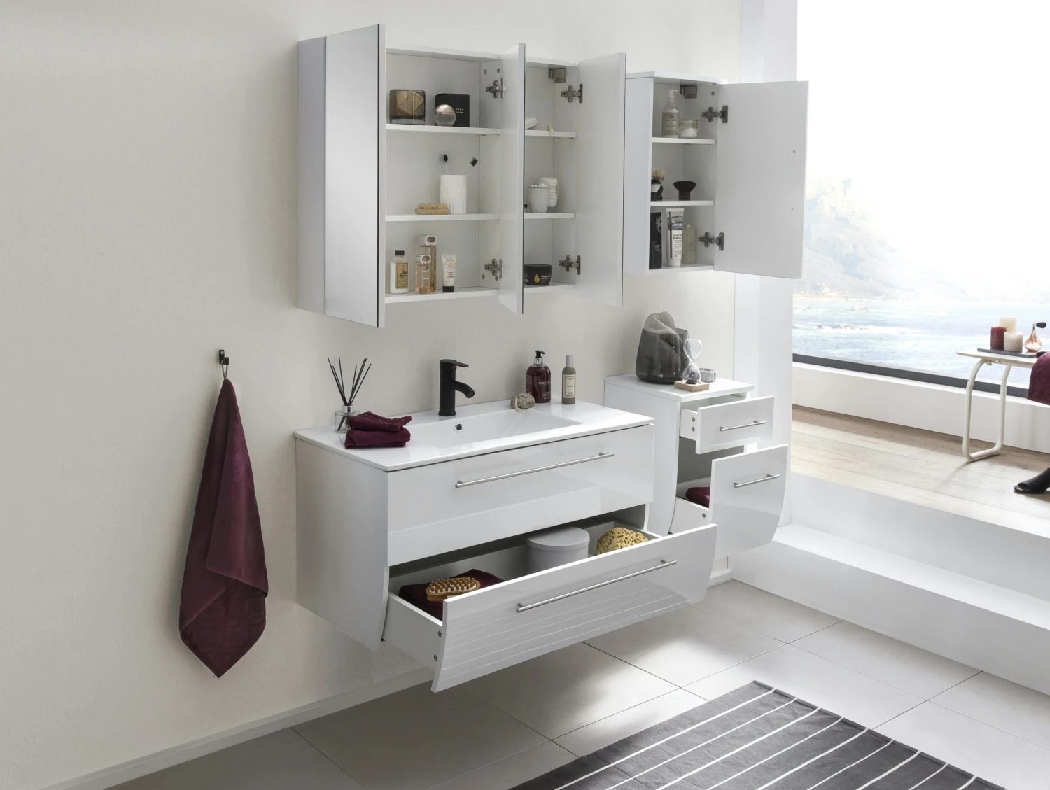 SalesFever Badezimmer Set 90 Cm | 4-tlg. Hochglanz | Inkl. Waschtisch Mit Mineralgussbecken | B 341 X T 46,5 X H 75 Cm | Weiß 8 SalesFever Badezimmer Set 90 Cm | 4-tlg. Hochglanz | Inkl. Waschtisch Mit Mineralgussbecken | B 341 X T 46,5 X H 75 Cm | Weiß – Bild 6