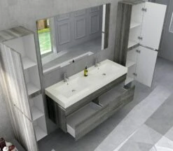 SalesFever Badezimmer Set 140 Cm | 4-tlg. | Soft Close Funktion | Inkl. Doppelwaschtisch Mit Mineralgussbecken | Eiche-grau -SalesFever 65d5f892 65bf 49ac b56b 4c6a9a0797ab