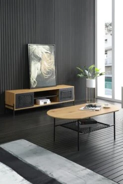 SalesFever Couchtisch | Mit Ablagefläche | Tischplatte 15 Mm MDF Natur | Beine Metall Schwarz | B 105 X T 55 X H 43 Cm