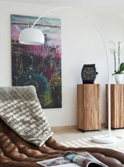 SalesFever Bogenlampe 195 Cm | Ø Lampenschirm 33 Cm | Echter Marmorfuß | B 165 X T 33 X H 195 Cm | Weiß Lackiert