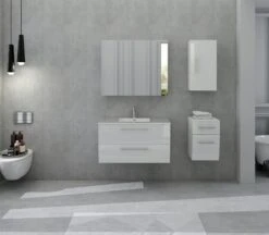 SalesFever Badezimmer Set 90 Cm | 4-tlg. Hochglanz | Inkl. Waschtisch Mit Mineralgussbecken | B 341 X T 46,5 X H 75 Cm | Weiß