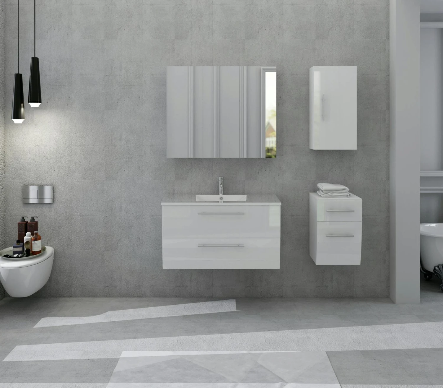 SalesFever Badezimmer Set 90 Cm | 4-tlg. Hochglanz | Inkl. Waschtisch Mit Mineralgussbecken | B 341 X T 46,5 X H 75 Cm | Weiß 3 SalesFever Badezimmer Set 90 Cm | 4-tlg. Hochglanz | Inkl. Waschtisch Mit Mineralgussbecken | B 341 X T 46,5 X H 75 Cm | Weiß