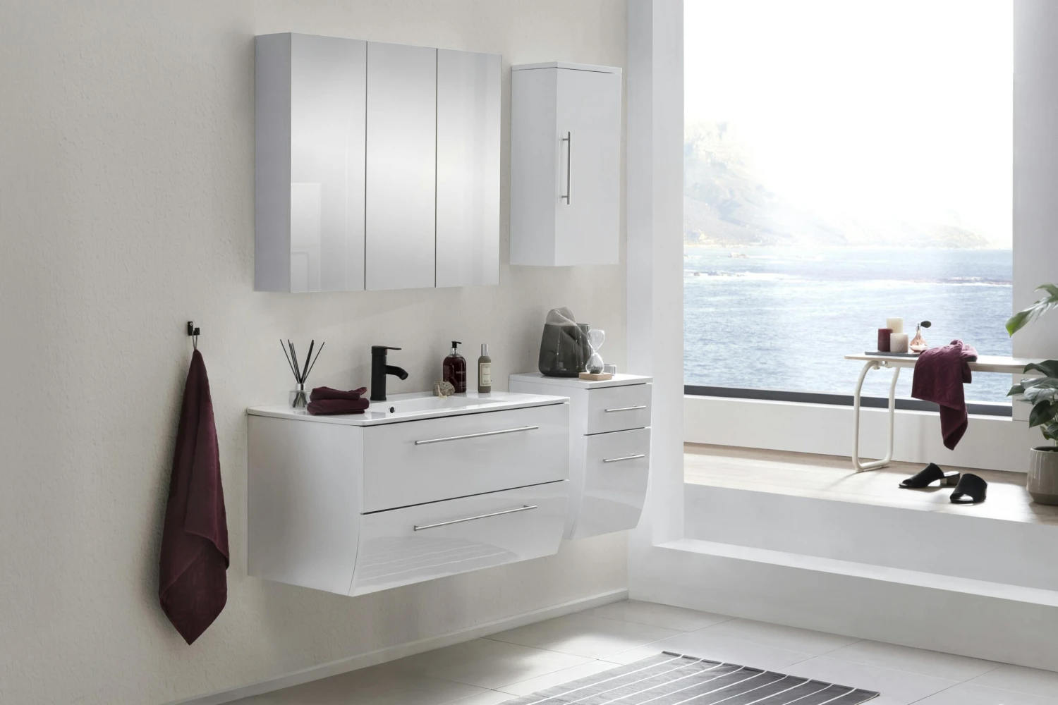 SalesFever Badezimmer Set 90 Cm | 4-tlg. Hochglanz | Inkl. Waschtisch Mit Mineralgussbecken | B 341 X T 46,5 X H 75 Cm | Weiß 9 SalesFever Badezimmer Set 90 Cm | 4-tlg. Hochglanz | Inkl. Waschtisch Mit Mineralgussbecken | B 341 X T 46,5 X H 75 Cm | Weiß – Bild 7