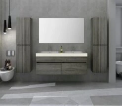 SalesFever Badezimmer Set 140 Cm | 4-tlg. | Soft Close Funktion | Inkl. Doppelwaschtisch Mit Mineralgussbecken | Eiche-grau -SalesFever b03decae 7e5d 45cd a89c 3bd15669cf1a