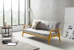 SalesFever Schlafsofa Mit Armlehnen | 3 Funktionen | Bezug Webstoff | Beine Eichenholz | B 190 X T 85 X H 81 Cm | Hellgrau