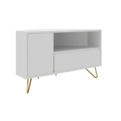 SalesFever Eck TV-Lowboard Aus MDF | Mit Tür, Klappfach Und Offenem Fach | Beine Metall Mit Messinglegierung | B 100 X T 50 X H 58 Cm | Weiß