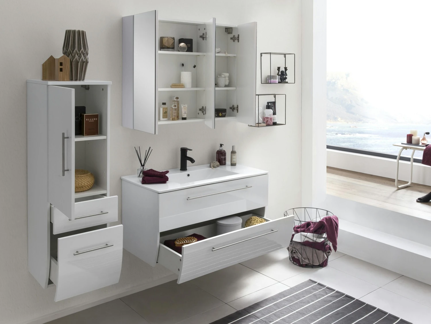 SalesFever Badezimmer Set 90 Cm | 3-tlg. Hochglanz | Inkl. Waschtisch Mit Mineralgussbecken | B 306 X T 46,5 X H 118 Cm | Weiß 8 SalesFever Badezimmer Set 90 Cm | 3-tlg. Hochglanz | Inkl. Waschtisch Mit Mineralgussbecken | B 306 X T 46,5 X H 118 Cm | Weiß – Bild 6