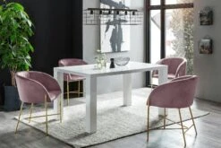 SalesFever Essgruppe 5-tlg. | 1x Tisch 160 X 90 Cm Hochglanz Weiß | 4x Armlehnstuhl Samt Blau | Gestell Metall Goldfarben -SalesFever f2793bee a765 43ad b1d6 e0e40c96be98