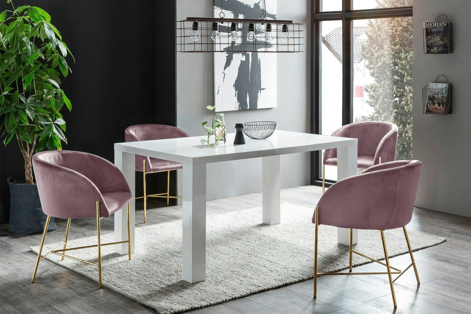 SalesFever Essgruppe 5-tlg. | 1x Tisch 180 X 90 Cm Hochglanz Weiß | 4x Armlehnstuhl Samt Blau | Gestell Metall Goldfarben 5 SalesFever Essgruppe 5-tlg. | 1x Tisch 180 X 90 Cm Hochglanz Weiß | 4x Armlehnstuhl Samt Blau | Gestell Metall Goldfarben – Bild 3