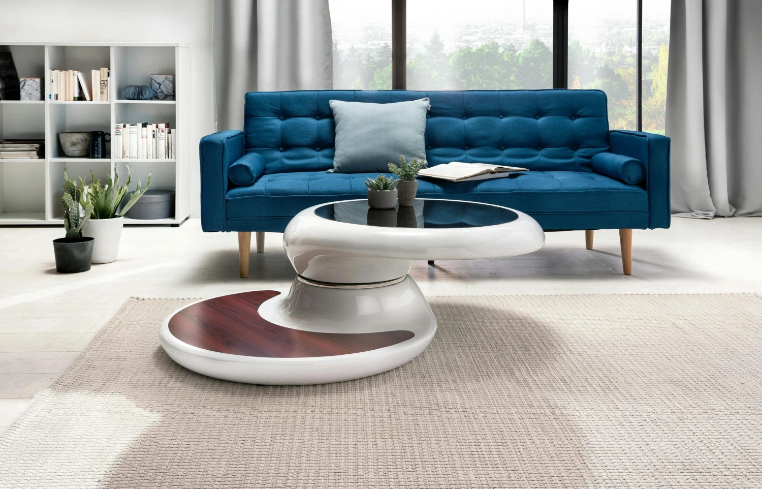 SalesFever Couchtisch Rund | 360 Grad Drehbar | Fiberglas | B 90 X T 90 X H 42 Cm | Weiß-braun-schwarz 9 SalesFever Couchtisch Rund | 360 Grad Drehbar | Fiberglas | B 90 X T 90 X H 42 Cm | Weiß-braun-schwarz – Bild 7